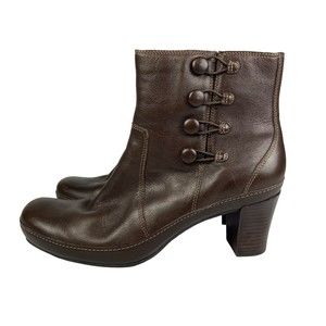 Clark's Women's Size 8.5 M Ankle Boots Brown Leather Chunky Heels Side Zip Shoes